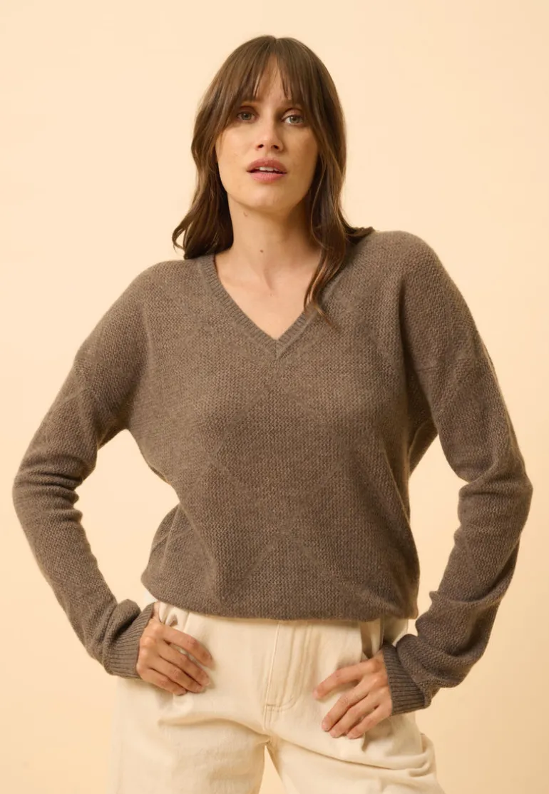 CAPUCINE pull col v taupe chiné
