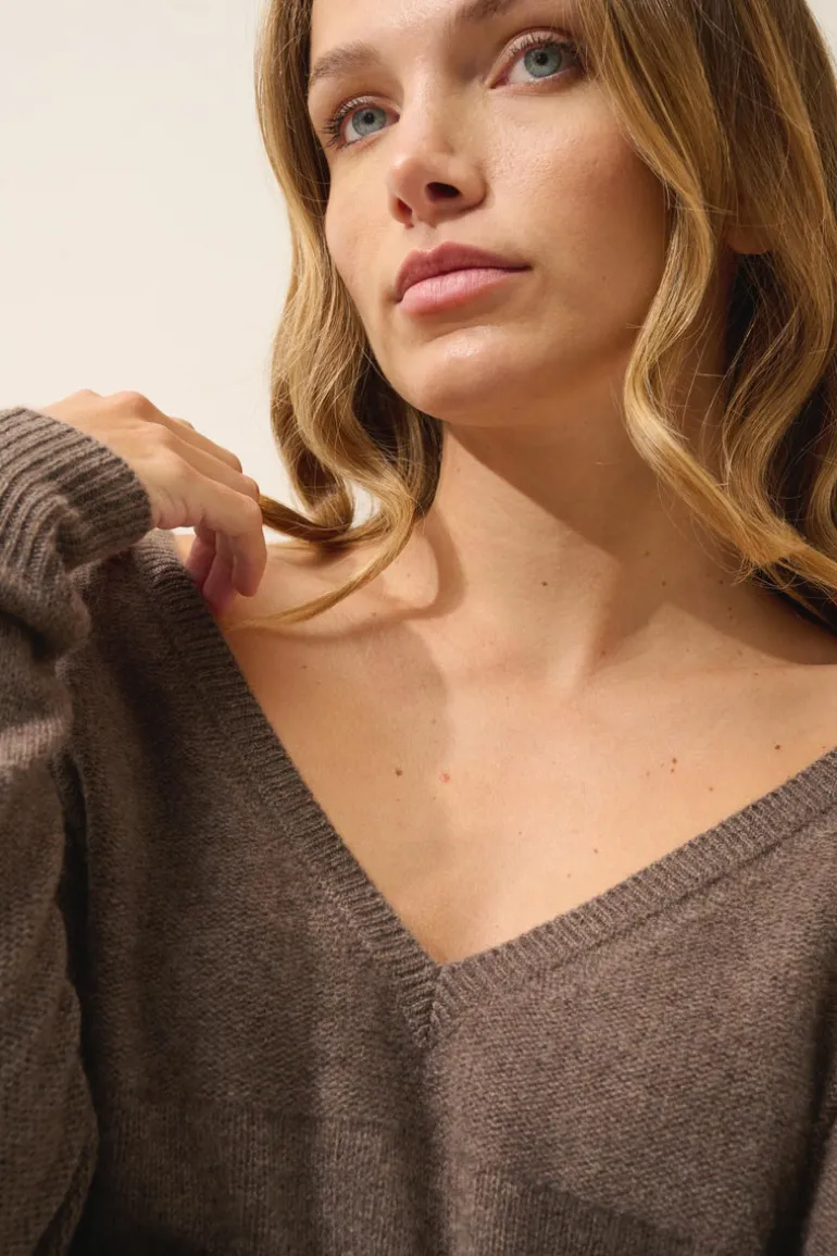 CASSIE pull col v taupe chiné