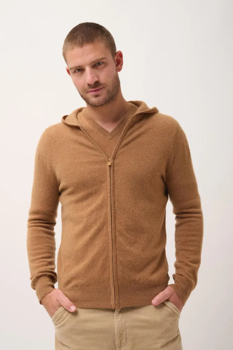 ELLIOT gilet col zippé capuche noisette