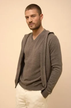 ELLIOT gilet col zippé capuche taupe chiné