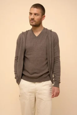 ELLIOT gilet col zippé capuche taupe chiné