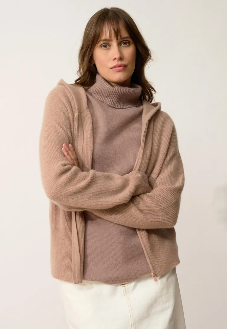 HELGA gilet col zippé capuche camel chiné