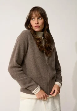 HELGA gilet col zippé capuche taupe chiné