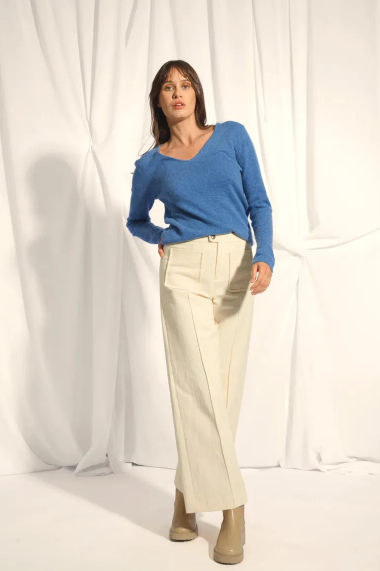 JOAN pull col v bleu denim
