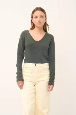 JOAN pull col v kaki chiné