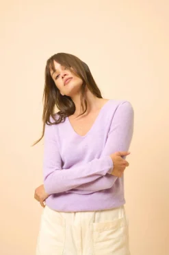 JOAN pull col v mauve chiné