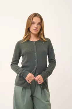 KATHARINE cardigan col rond kaki chiné