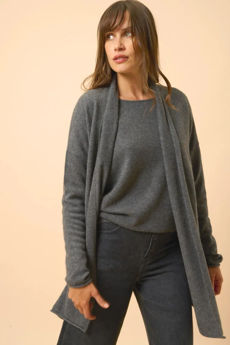 MADDIE gilet col châle anthracite chiné