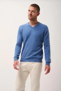 TOM pull col v bleu denim