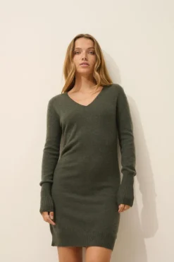 TRACY robe col v kaki chiné
